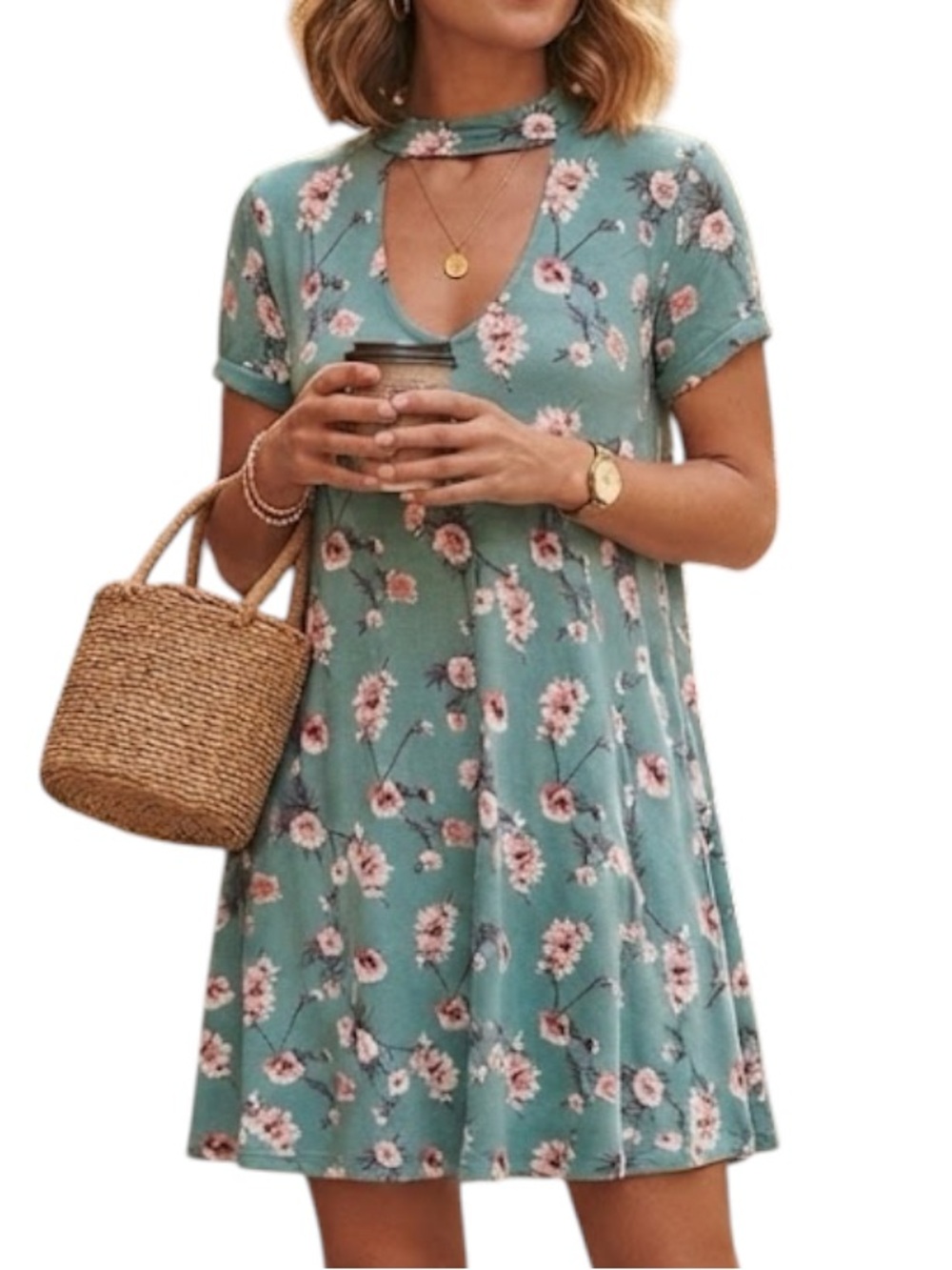 ARDENE Teal Green Floral Choker Swing Dress Medium Indie Sleaze